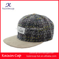 high quality woven label logo suede flat brim 5 panel snapback hats caps with metal button closure
